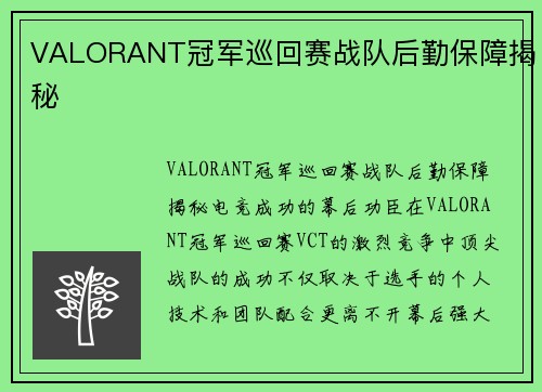 VALORANT冠军巡回赛战队后勤保障揭秘